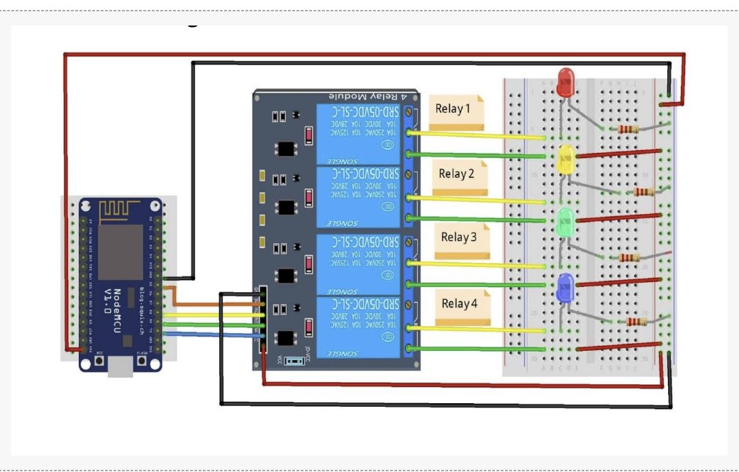 Circuit diagram: NodeMCU ESP8266 driving a four-channel relay module and four LEDs on a breadboard