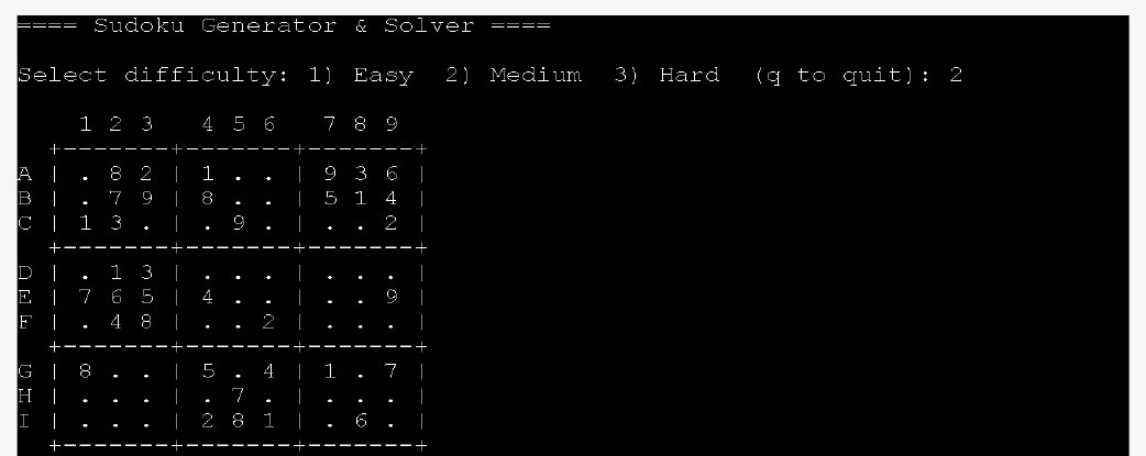 Console output of the Sudoku generator showing a generated medium-difficulty puzzle